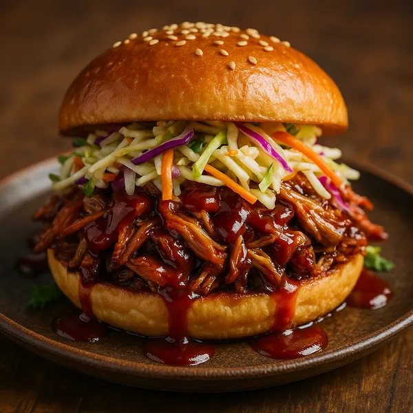 Enjoy assembling a puzzle depicting a mouthwatering BBQ pulled-pork sandwich topped with crisp, colorful coleslaw on a glossy sesame brioche bun.