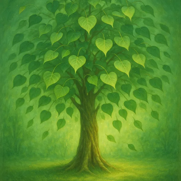Discover a puzzle with a luminous, heart-leafed tree set against a soft, green mist—an inviting scene of layered emeralds and gentle gold highlights.
