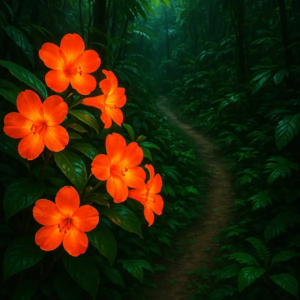 Discover a puzzle with vibrant orange flowers glowing against a deep, emerald-green forest path.