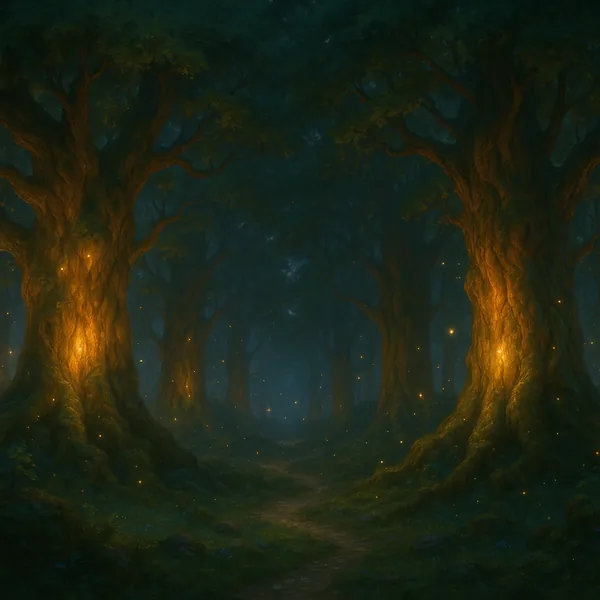 Discover a puzzle with an enchanted forest scene where ancient, towering trees form a shadowy tunnel of deep greens and twilight blues.