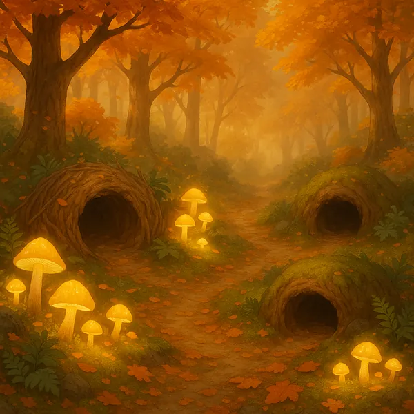 Discover a puzzle with a cozy, magical autumn forest scene bathed in warm golden-orange light.