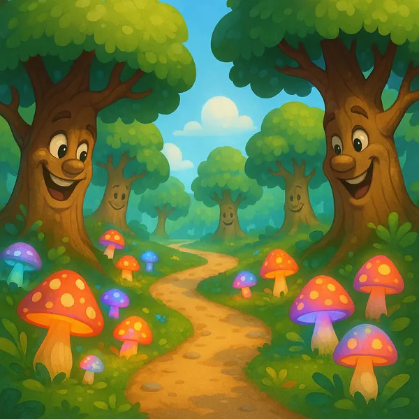 We invite you to assemble a puzzle featuring a whimsical, sunlit forest path lined with friendly, smiling trees and bright, polka-dotted mushrooms.