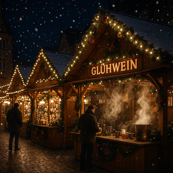 Discover a puzzle with a cozy Christmas market scene featuring a wooden Glühwein stall aglow with warm string lights and garlands.