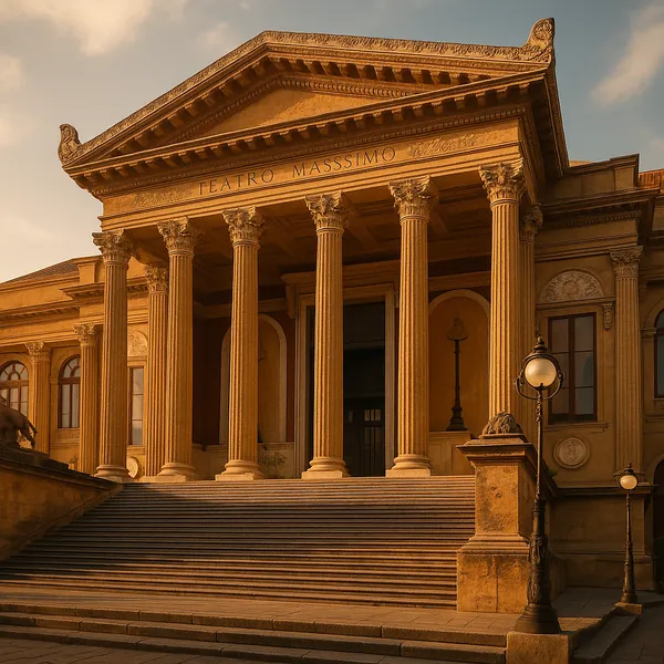 Discover a puzzle with a grand neoclassical theater façade, featuring tall Corinthian columns, wide stone steps, and ornate pediments bathed in warm golden ligh