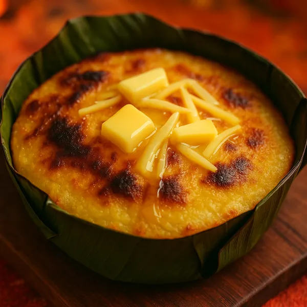 Enjoy assembling a puzzle depicting a golden, caramelized dessert nestled in a green banana-leaf bowl.