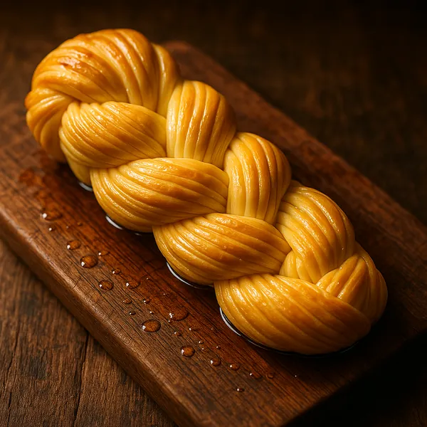 Discover a puzzle with a close-up of a glossy, golden braided pastry resting on a warm wooden board.