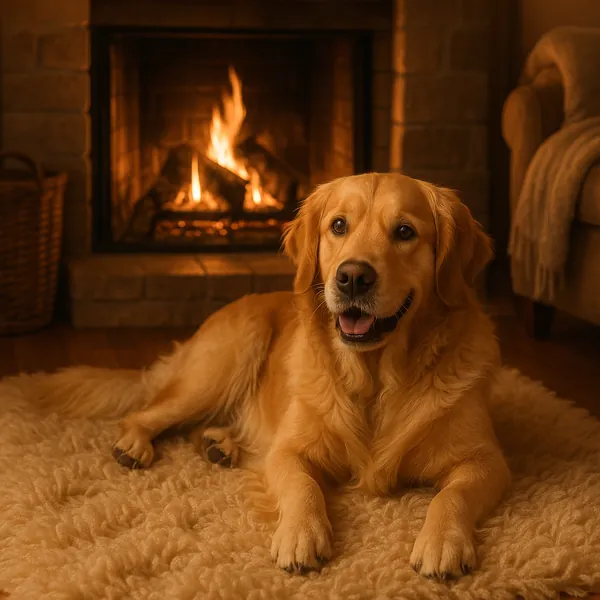 Enjoy assembling a puzzle depicting a golden retriever lounging on a soft, fluffy rug in front of a glowing fireplace.