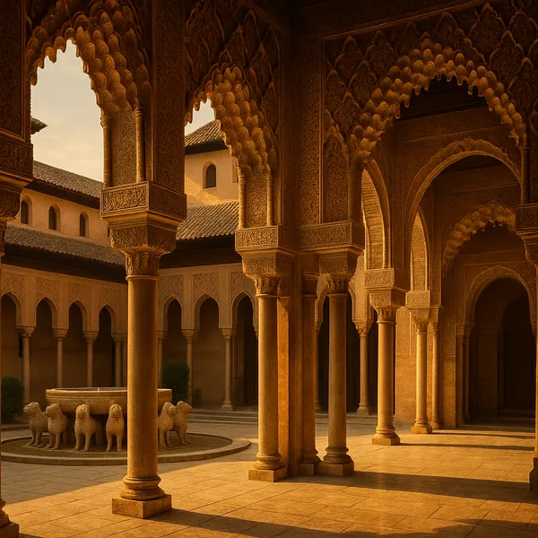Discover a puzzle with a sunlit historic courtyard framed by graceful, scalloped arches and slender carved columns.