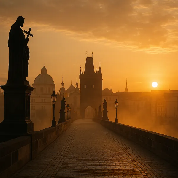 Discover a puzzle with a golden sunrise casting warm amber light over a historic stone bridge lined with silhouetted statues and ornate lampposts.