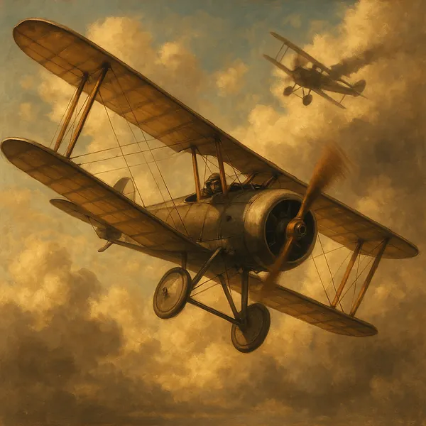 Discover a puzzle with a vintage biplane soaring through a dramatic, cloud-filled sky — two classic aircraft rendered in warm sepia and golden tones that give t