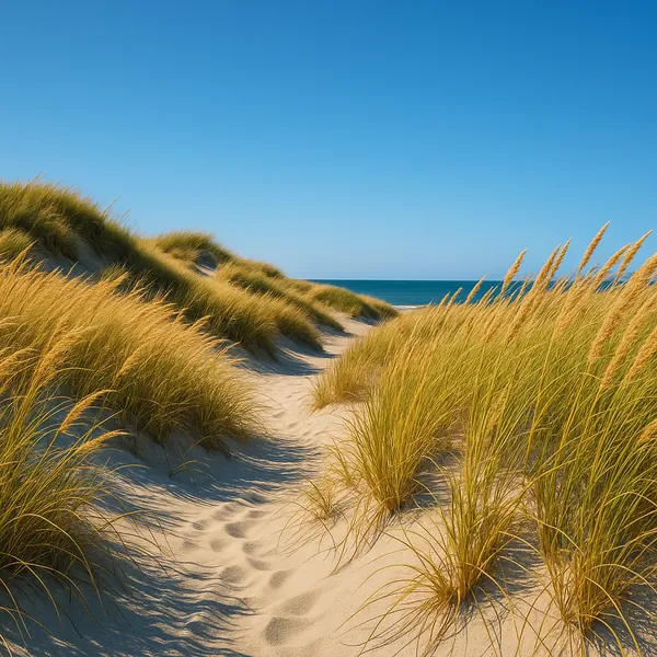 Discover a puzzle with a sunlit sandy path winding through golden dune grasses toward a calm blue sea under a clear sky.
