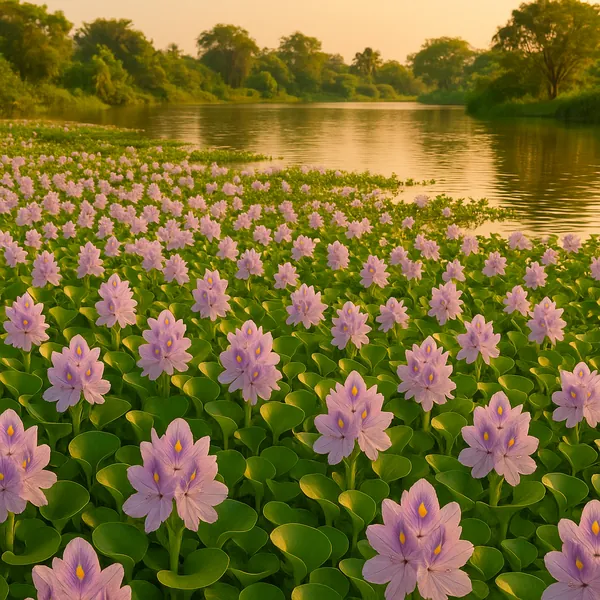 Discover a puzzle with a tranquil riverside carpet of pale purple water hyacinths stretching toward a golden sunset.
