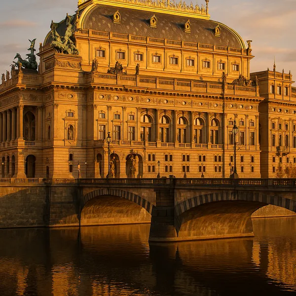 Enjoy assembling a puzzle depicting a sunlit historic riverside building with ornate stonework, statues, arched windows, and a graceful bridge reflected in calm