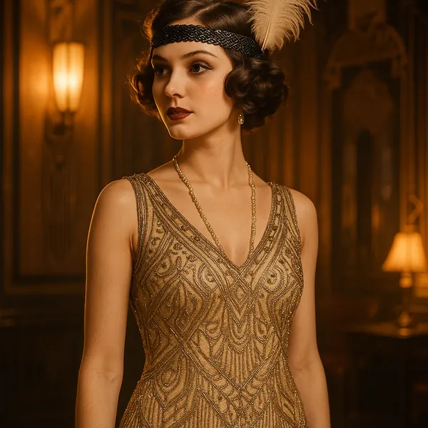 Enjoy assembling a puzzle depicting a graceful 1920s flapper in a beaded gold dress and feathered headband, set against a warm, wood-paneled interior lit by sof