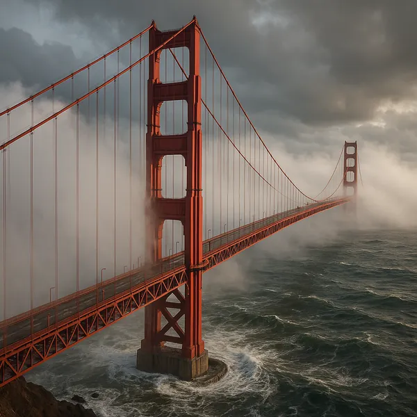 Discover a puzzle with the iconic Golden Gate Bridge rising through low, billowing fog — its rust-red towers and suspension cables cutting a striking silhouette