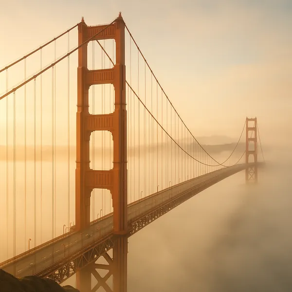 Discover a puzzle with the Golden Gate Bridge emerging through soft, golden fog, its rust-red towers and graceful suspension cables stretching into a dreamy haz