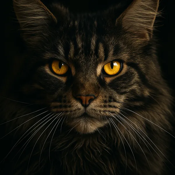 Discover a puzzle with a close-up portrait of a majestic tabby cat, its striking golden eyes glowing against a deep, shadowy background.
