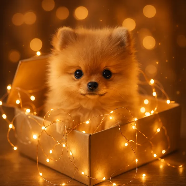 Discover a puzzle with an adorable fluffy Pomeranian puppy nestled inside a small gift box, its big dark eyes framed by a soft coat of golden fur.