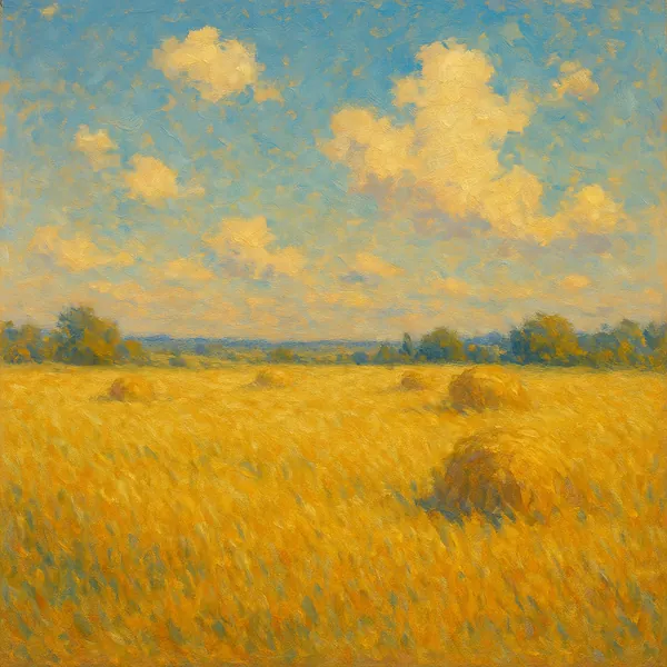 Discover a puzzle with a sunlit wheat field stretching to the horizon, dotted with round hay bales beneath a wide blue sky.