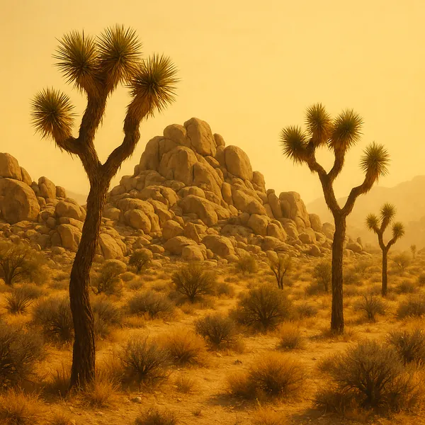 Enjoy an online jigsaw puzzle designed for browser play, featuring a serene desert landscape and striking spiky trees against a rocky backdrop.