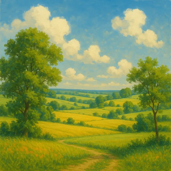 Discover a puzzle with a sunlit countryside landscape showing gently rolling green and golden fields under a bright blue sky dotted with fluffy white clouds.