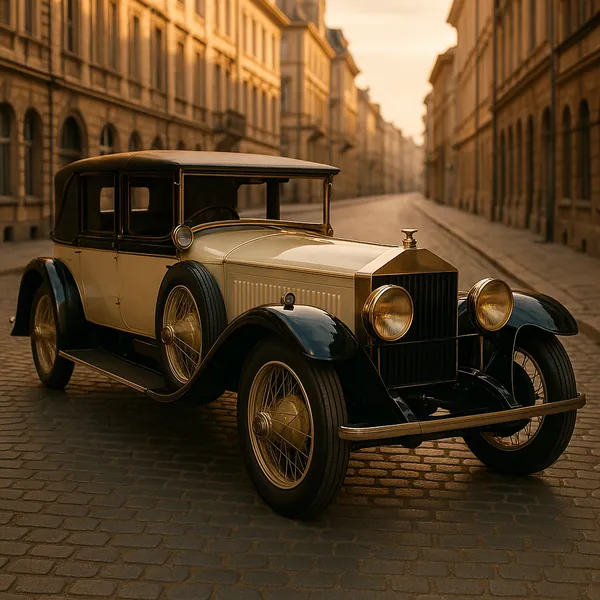 Discover a puzzle with a beautifully preserved vintage car parked on a quiet cobblestone street at golden hour.