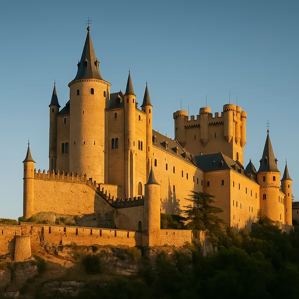 Discover a puzzle with a sunlit medieval castle perched on a rocky hill — warm golden stone walls and tall conical turrets stand against a clear blue sky, with