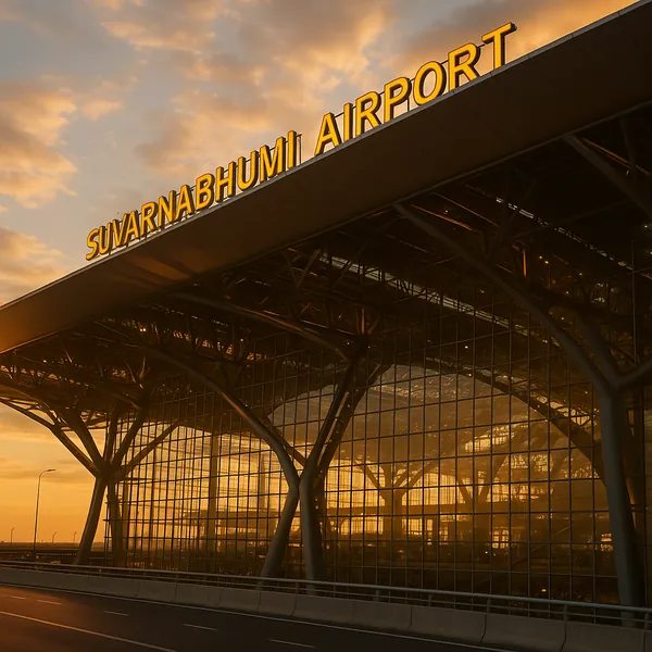 Discover a puzzle with a golden-lit airport terminal at sunset, featuring the dramatic glass façade and sweeping steel arches of Suvarnabhumi Airport bathed in