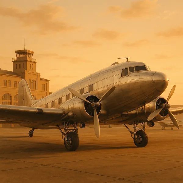 Discover a puzzle with a gleaming vintage twin‑prop airliner parked on a quiet tarmac beside a classic terminal and control tower, bathed in warm golden‑hour li