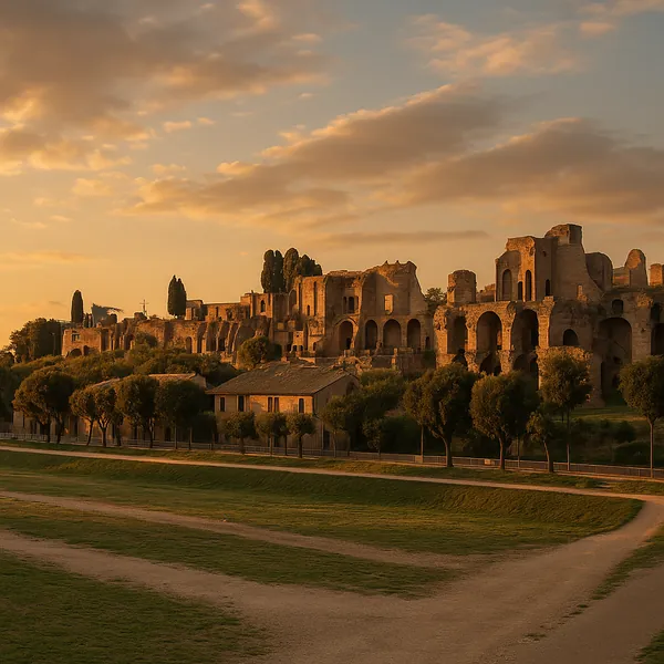 Discover a puzzle with ancient Roman ruins bathed in warm golden light at sunset, where soft ochre and amber tones wash over crumbling arches and stone facades