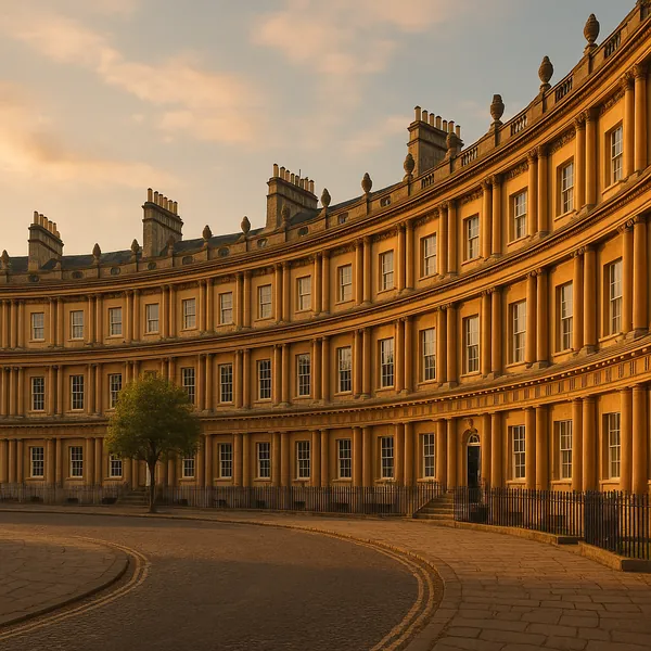 Discover a puzzle with a graceful crescent of historic Georgian architecture bathed in warm golden light, featuring repeating windows and elegant columns that f