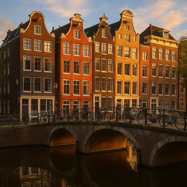 Discover a puzzle with a row of classic canal houses bathed in warm golden light, their ornate gables and tall windows reflected in the still water below.