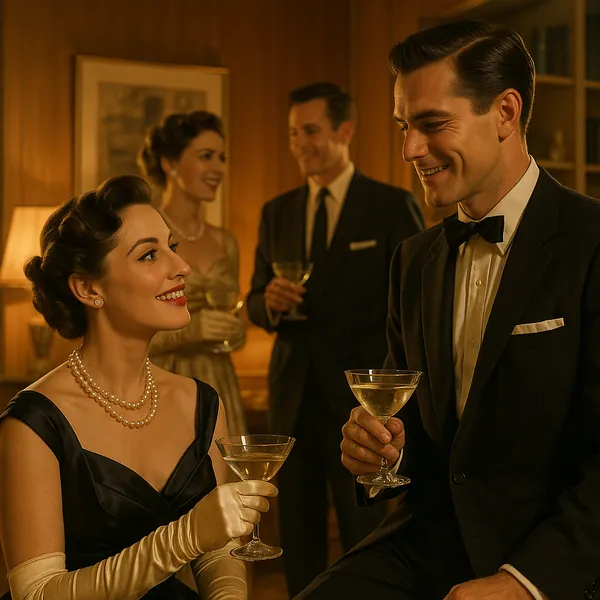 Discover a puzzle with an elegant vintage cocktail party scene: well-dressed guests in tuxedos and satin gowns raise champagne coupes under warm, amber lighting