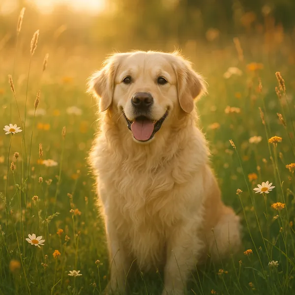 Enjoy assembling a puzzle depicting a joyful golden retriever sitting in a sunlit wildflower meadow, surrounded by soft daisies and tall grasses bathed in warm,