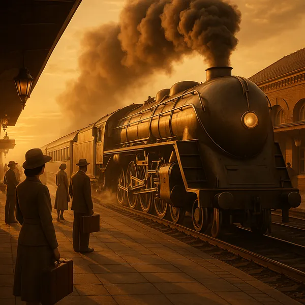 Enjoy assembling a puzzle depicting a vintage steam locomotive pulling into a station, where travelers in period clothing stand on the platform beneath glowing
