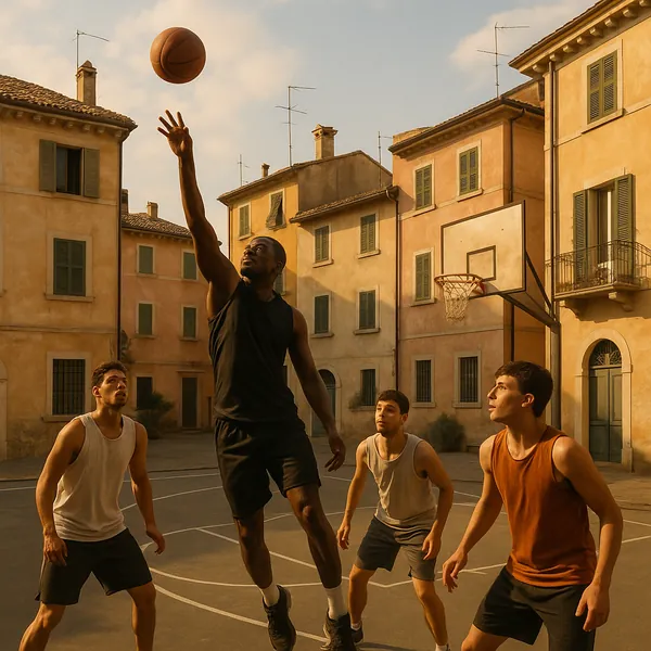 Play an online jigsaw puzzle in your browser that shows a lively street basketball scene set against warm, sunlit buildings — a sporty, urban theme perfect for