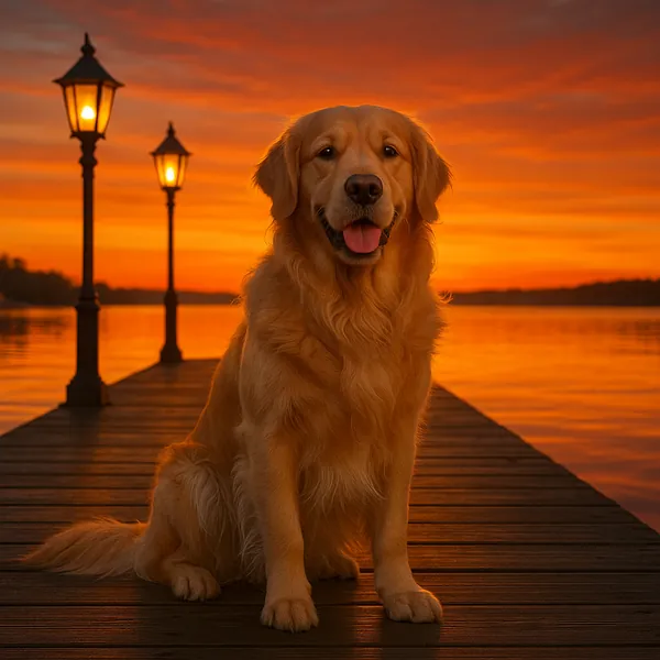 Enjoy assembling a puzzle depicting a happy golden retriever sitting on a wooden dock at sunset.