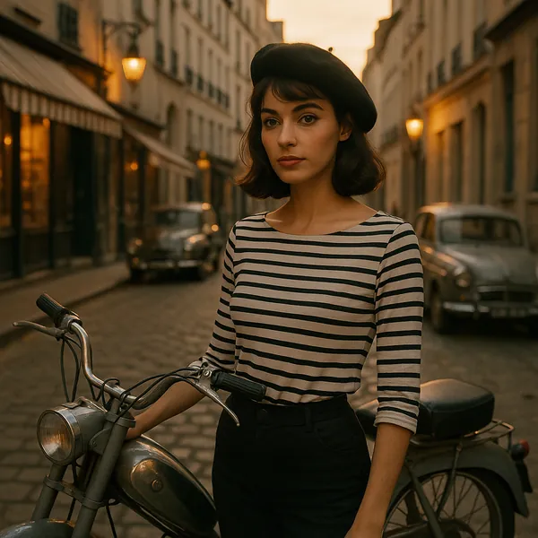 Enjoy assembling a puzzle depicting a vintage cobblestone street scene at golden hour, where a poised figure in a striped shirt and beret stands beside a classi