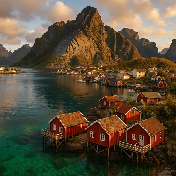 Discover a puzzle with a tranquil fjord scene featuring classic red seaside cabins on stilts, clear emerald water, and dramatic granite mountains lit by warm go