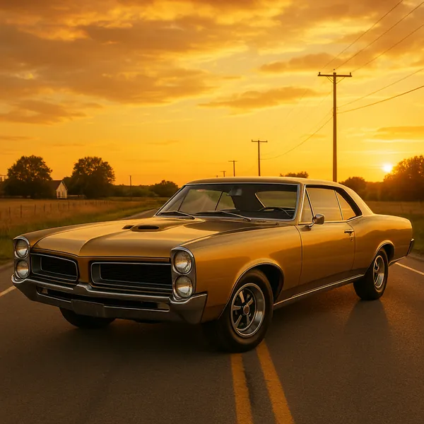 Enjoy assembling a puzzle depicting a gleaming vintage muscle car parked on a quiet country road at golden hour.