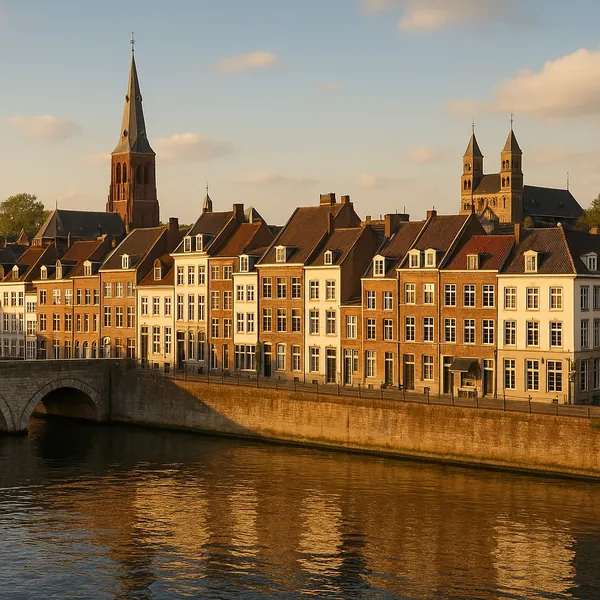 Discover a puzzle with a sunlit riverside scene of historic European townhouses and church spires reflected in calm water.