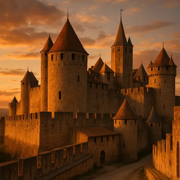 Discover a puzzle with a majestic medieval castle at sunset, its stone walls, round towers and pointed turrets bathed in warm golden-orange light against a soft
