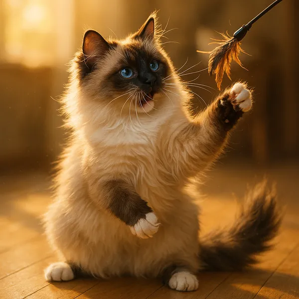 Enjoy assembling a puzzle depicting a fluffy cat reaching playfully for a feather toy in warm, golden light.