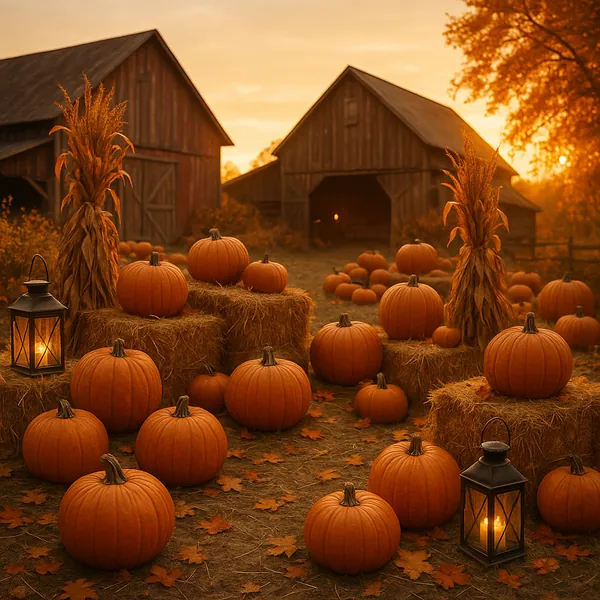 Discover a puzzle with a cozy autumn harvest scene: rows of bright orange pumpkins arranged on hay bales and scattered across a leaf-strewn farmyard in front of