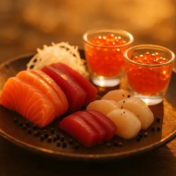 Discover a puzzle with a beautifully plated sashimi scene featuring glossy salmon, deep-magenta tuna, and tender scallops arranged beside two small glasses of g