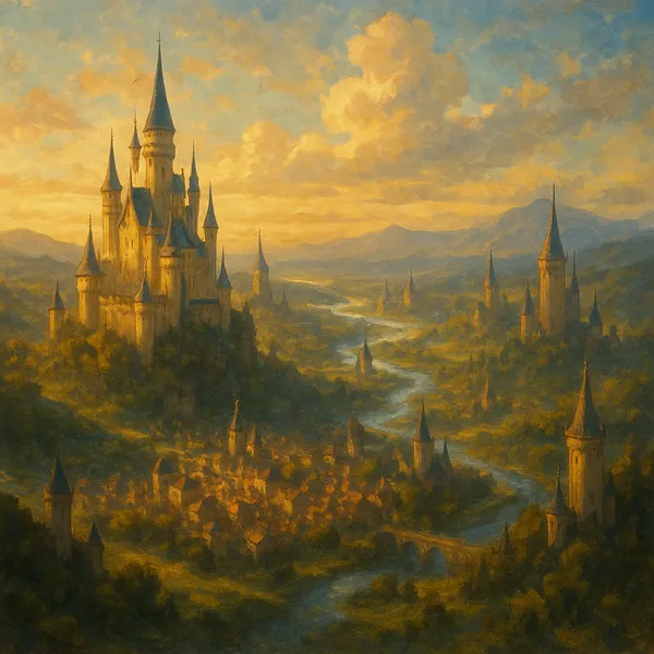 Discover a puzzle with a golden, storybook castle perched above a winding river and a peaceful village, bathed in warm sunset hues of amber, soft blues, and gen
