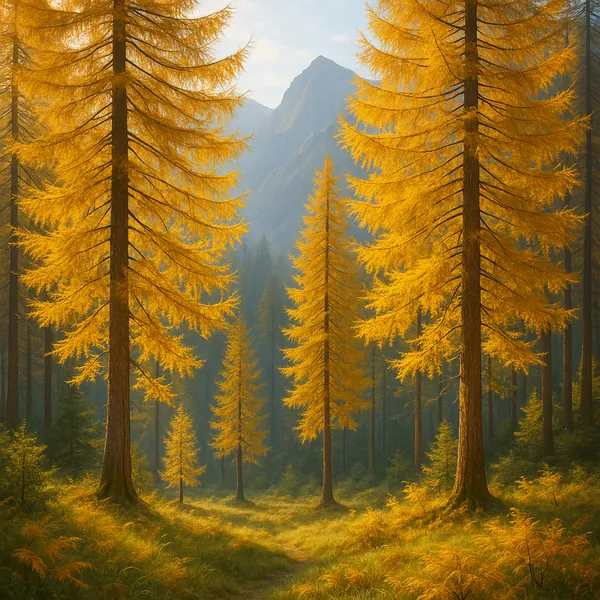 Discover a puzzle with a sunlit autumn forest where tall larches glow golden against misty blue-gray mountains in the distance.