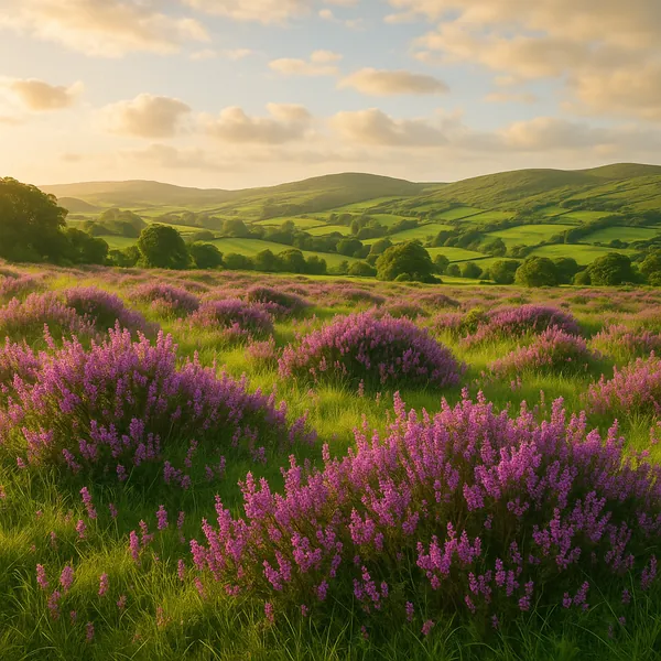 Discover a puzzle with a sunlit meadow of purple heather spilling across gently rolling green hills under a warm, golden sky.
