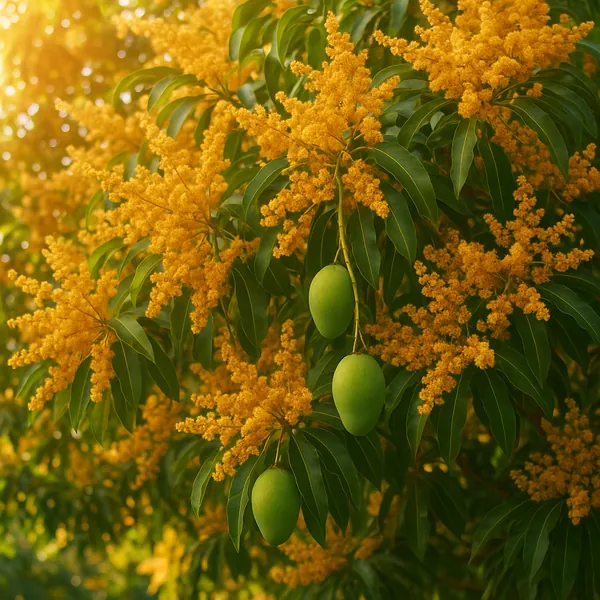 Discover a puzzle with a sunlit tropical scene of three green mangoes hanging among glossy deep-green leaves and a cloud of warm, golden-yellow blossoms.
