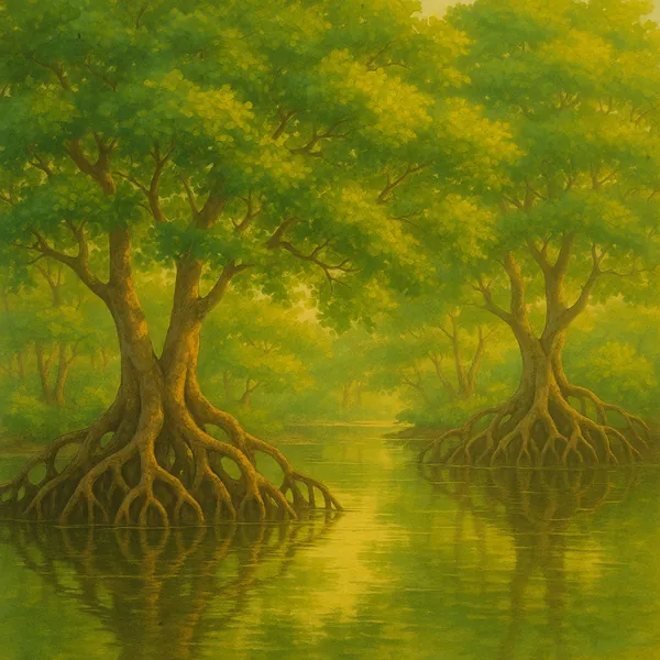 Discover a puzzle with a tranquil mangrove scene where twin trees rise from graceful exposed roots into a canopy of soft greens and golden light.